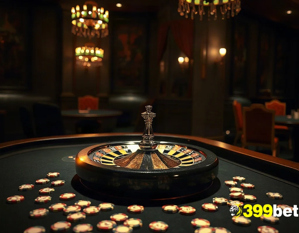 399BET রুলেট গেমের চাকা ও বাজির চিপসহ ক্যাসিনো টেবিল